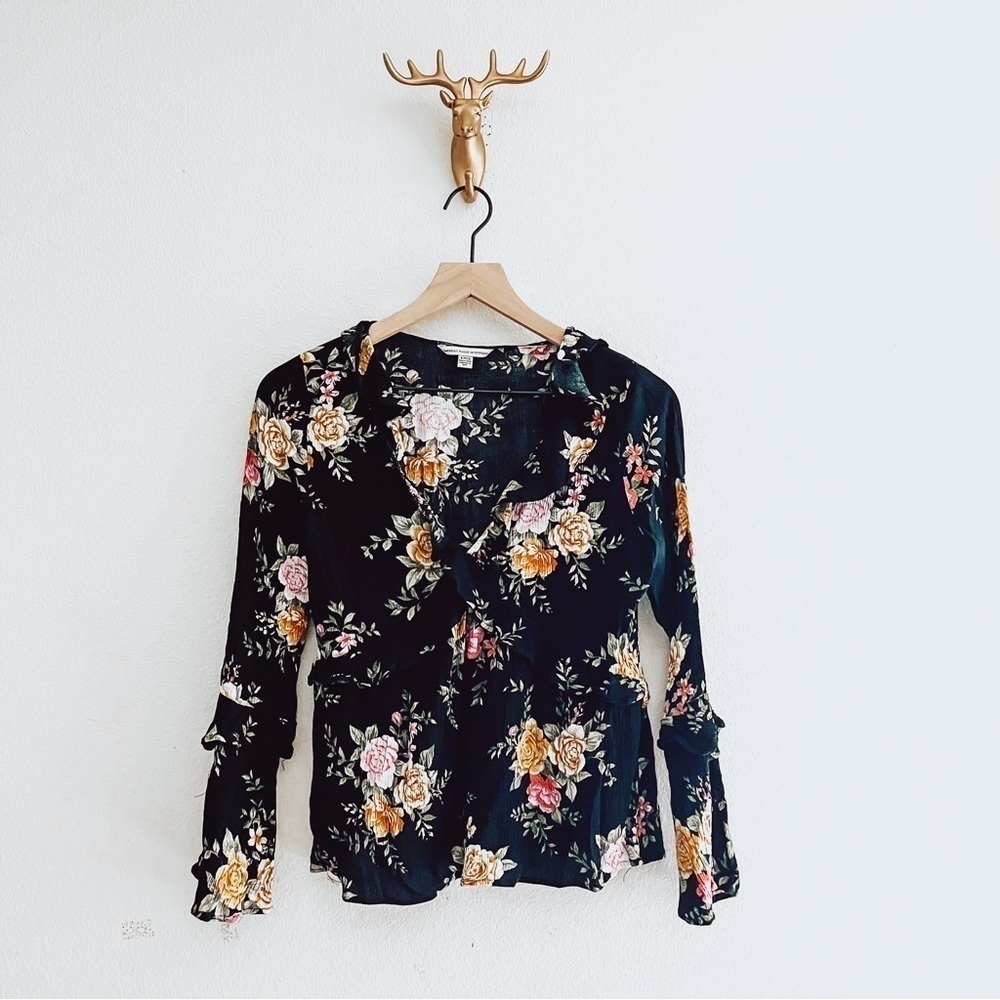 American Eagle Women's Black/Yellow Floral Long Sleeve Blouse Size Small